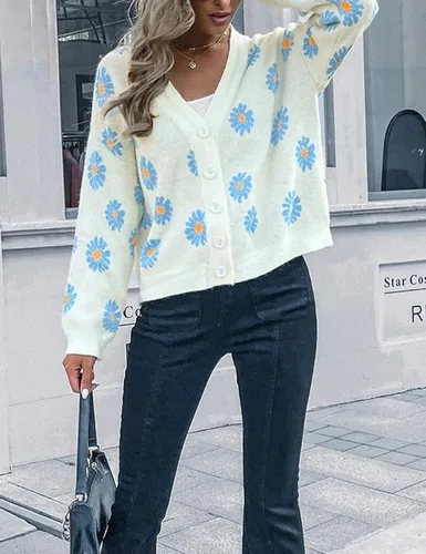 Vista 7 de Suéter de manga larga para mujer delgado con cuello en V margaritas con botones holgado ropa de abrigo