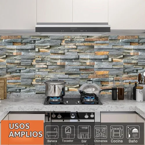 Vista 3 de TUOKING 3 Piezas Azulejos Despegar y Pegar para Salpicadero de Cocina 4"x 12" PVC Autoadhesivos Subway Mate Imitación Piedra Panel de Pared Ladrillo