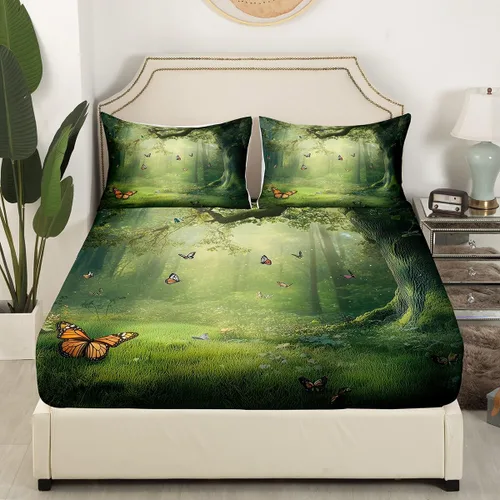Vista 3 de Juego de sábanas bajeras de selva tamaño individual, diseño de mariposas de ensueño, para niños, niños, ramas de árbol, juego de decoración de cama
