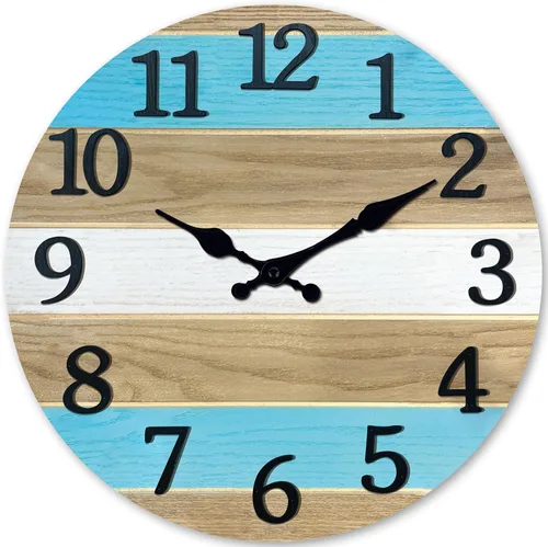 Vista 8 de Reloj de pared de madera maciza azul para sala de estar, estilo granja, reloj de pared redondo de 12 pulgadas, funciona con pilas, silencioso Wall
