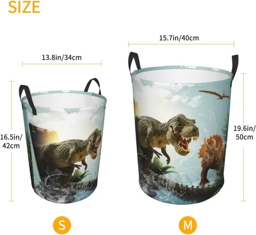 Vista 5 de Cesta de lavandería de dinosaurio 3D con asa duradera, impermeable, plegable, cesta de almacenamiento de ropa sucia circular para baño, dormitorio