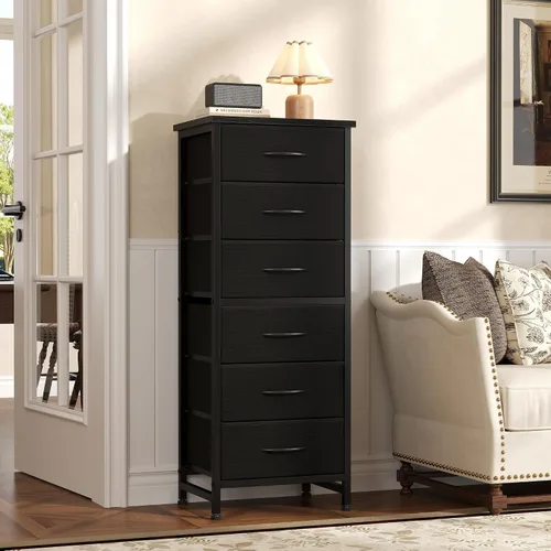 Vista 2 de Sweetcrispy Cómoda alta de tela para dormitorio, cómoda delgada de 6 cajones, torre de almacenamiento estrecha con parte superior de madera y marco