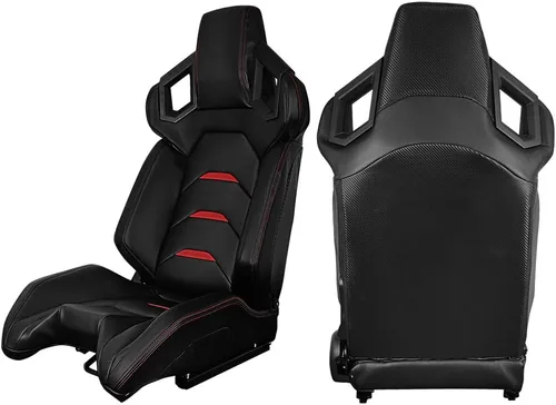 Vista 2 de IKON MOTORSPORTS, par de asientos universales para carreras con deslizadores dobles, piel de PU de fibra de carbono, color rojo con rayas