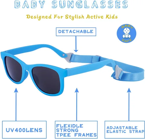 Vista 5 de MAXJULI Gafas de sol para bebés bebés, seguras, suaves, con correa ajustable 0-24 meses sin BPA 7002