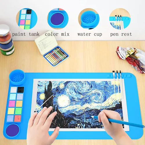 Vista 3 de KJMYYXGS - Paquete de 2 tapetes de arte de silicona con taza, tapete de pintura de silicona con taza, 19.7 x 11 pulgadas, tapete de silicona