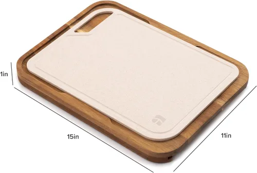 Vista 3 de KitchenEdge Juego de tablas de cortar anidadas, 2 piezas, acacia Tabla de cortar de fibra de arroz, pies antideslizantes, ranura para jugo