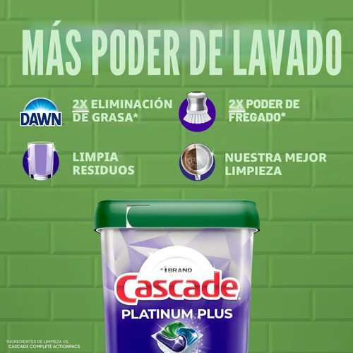 Vista 3 de Cascade Platinum Plus Cápsulas para lavavajillas, detergente para lavavajillas, jabón detergente para platos, limón, 47