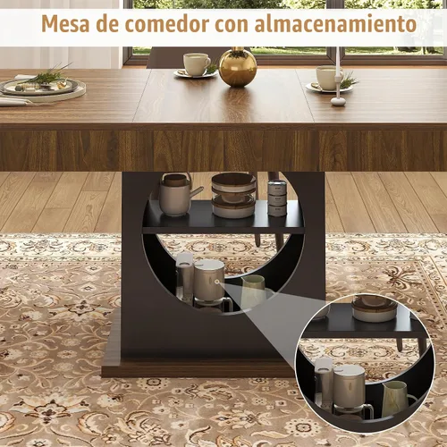 Vista 4 de Mesa de comedor para 4-6 personas, mesa de comedor de 55 pulgadas con cajones y almacenamiento abierto, base de pedestal de madera, mesa rectangular