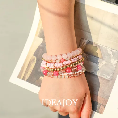 Vista 5 de IDEAJOY Pulseras rosas bohemias de cuentas de varias capas apilables, conjunto de 8 piezas de hebra elástica versátil con cuentas brillantes