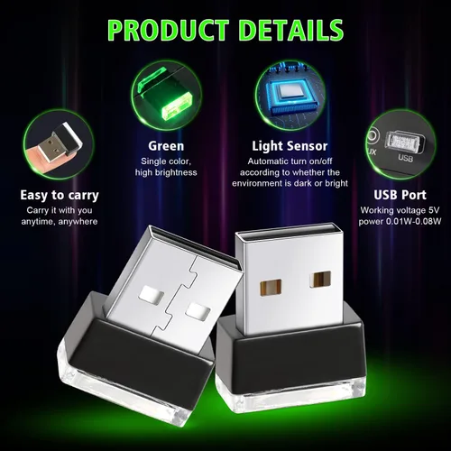 Vista 3 de Ouzorp 2 piezas de mini luz LED USB, iluminación interior LED para automóvil, CC 5 V, inteligente USB LED, luz de atmósfera, luz de teclado, Verde