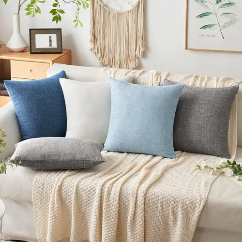 Vista 4 de MIULEE - Paquete de 2 fundas de almohada decorativas de lino de arpillera costera, estilo granja, para sofá, coche, sillón, dormitorio, sala de Azul