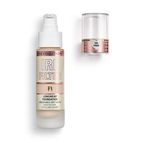 Vista 8 de Revolution, base de maquillaje de larga duración IRL Filter, fórmula suave y transpirable, cobertura media a completa, acabado mate, F1, 0.7 fl oz