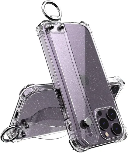 Vista 11 de Funda con purpurina con correa de mano compatible con iPhone 13 de 6.1 pulgadas, funda transparente brillante con correa de muñeca ajustable soporte