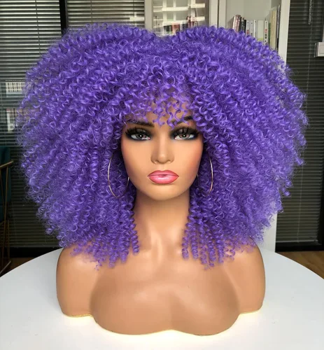 Vista 16 de Sweece - Peluca afro larga y rizada con flequillo para mujeres negras, peluca de cabello rizado de 17 pulgadas (17 pulgadas, negro)
