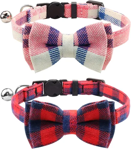 Vista 15 de Collar Joytale con corbatín y campana, lindos patrones de cuadros, 1 o 2 unidades de collares de seguridad para gato, Negro