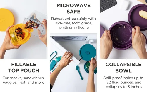 Vista 4 de Tazón plegable estilo Bento para sopa, ensalada, sándwiches y aperitivos, reutilizable, tapa a prueba de derrames, apto para microondas con Berenjena