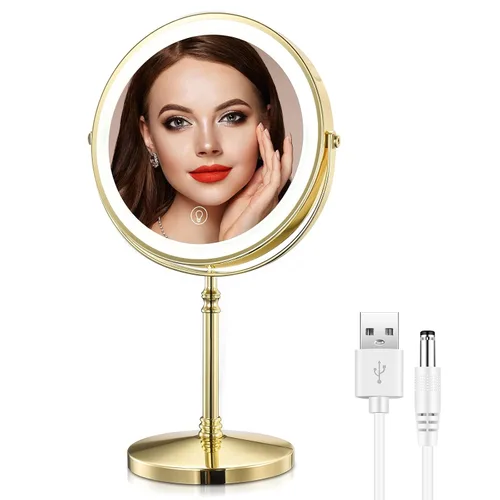 Vista 9 de Espejo de maquillaje iluminado de 8 pulgadas, espejo de maquillaje 10X con luces, espejo de aumento regulable de doble cara con luz, recargable