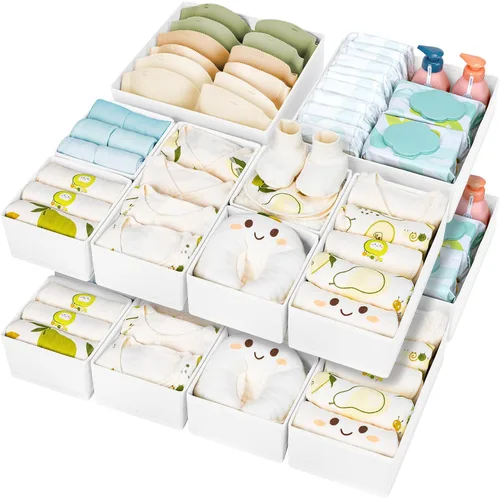 Vista 32 de DIMJ Organizador de cajones para ropa, paquete de 12 unidades, organizadores plegables para bebé, organizador de almacenamiento y cómoda para Beige