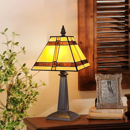 Vista 5 de Tiffany - Lámpara de mesa pequeña hecha a mano con vitrales, lámpara de escritorio antigua estilo misión ámbar para dormitorio, sala de estar
