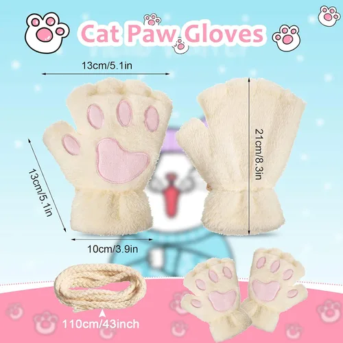 Vista 3 de Guantes de pata de gato, 3 pares de guantes kawaii, patas de gato, cosplay, piel sintética, guantes de gato, patas de león, guantes sin dedos