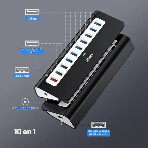Vista 2 de Hub USB alimentado de 10 Gbps, concentrador USB 3.2 Gen 2 de 10 puertos con 7 puertos de datos USB 3.2, 3 puertos de carga rápida, adaptador