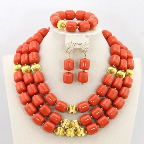Vista 2 de Collar de coral, pulsera y aretes, gargantilla multicapa, nigeriana Dubai para boda, africano, conjunto de joyas para mujer