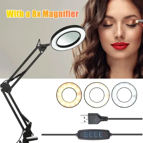 Vista 3 de Lámpara de aumento con abrazadera, 8 lámparas de lupa, 3 colores y 10 brillantes, lámpara LED de lupa ajustable de 19 pulgadas, lámpara de brazo