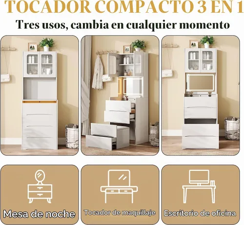 Vista 4 de Escritorio de tocador 3 en 1 con espejo y luces, pequeño juego de tocador de maquillaje con escritorio de vidrio visible, tocador de maquillaje