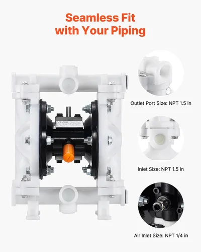 Vista 5 de Bomba de Diafragma Doble Operada por Aire VEVOR, 4.4 GPM, Bomba Neumática de Transferencia de Aceite de Residuos de Entrada y Salida de 1-1/2