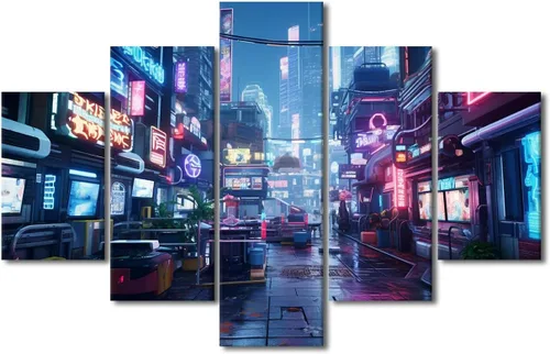Vista 88 de Póster de 5 paneles en lienzo para decoración de pared, diseño de centro urbano Cyberpunk, impresión moderna, decoración de pared para el hogar