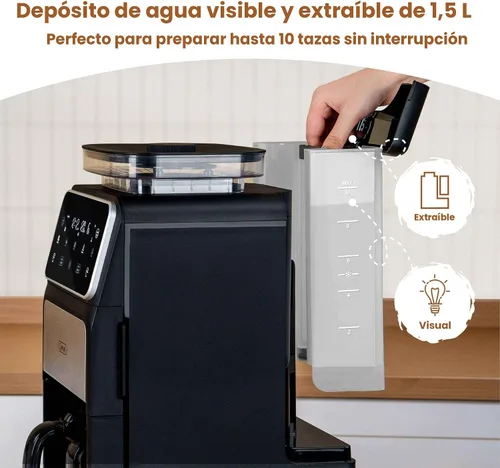 Vista 7 de Gevi Cafetera de goteo de 10 tazas con molinillo integrado, máquina de café combinada de moler y preparar rebabas con pantalla táctil, programable