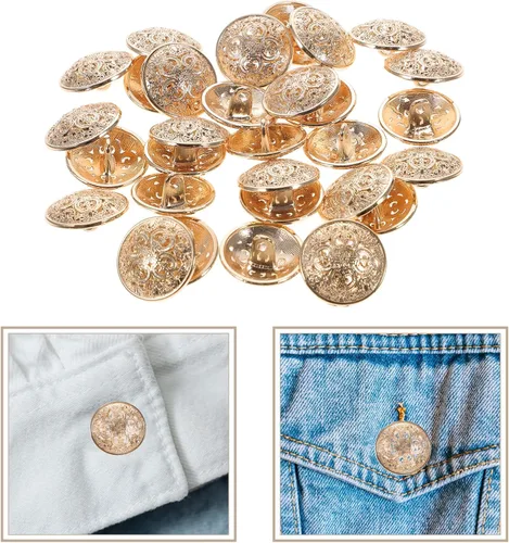 Vista 7 de 30 botones metálicos para abrigos, chaquetas, redondos, planos, de repuesto, hebilla hueca, costura para bricolaje, suéter (oro claro, 0.71 pulgadas)