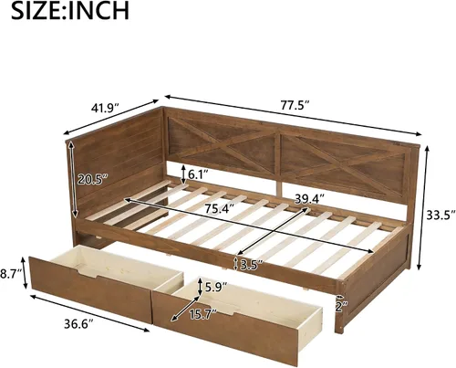 Vista 2 de Sofá cama de madera de tamaño individual con nido y cabecera en forma de L, marco de madera para sofá cama con barandilla rústica y soporte