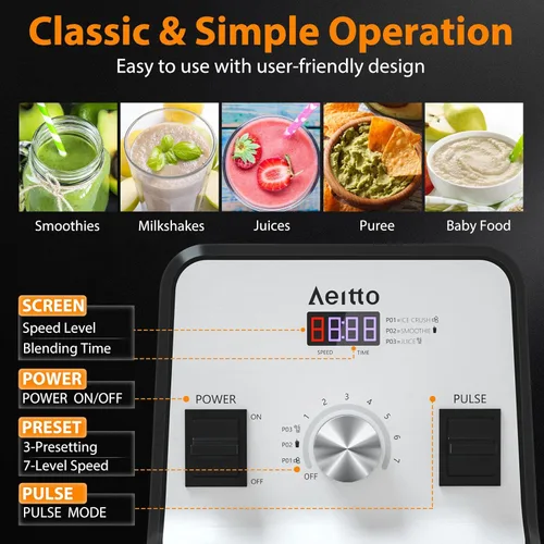 Vista 6 de Aeitto Licuadora para cocina, licuadora profesional de gran capacidad de 68 onzas, licuadora de batidos de 1500 vatios para triturar hielo, bebidas