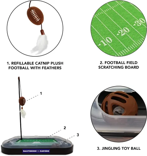 Vista 5 de Pets First NFL BALTIMORE RAVENS Rascador de Campo de Fútbol para Gatos con Juguete de Peluche de FÚTBOL Relleno de Hierba Gatera y Juguete Colgante