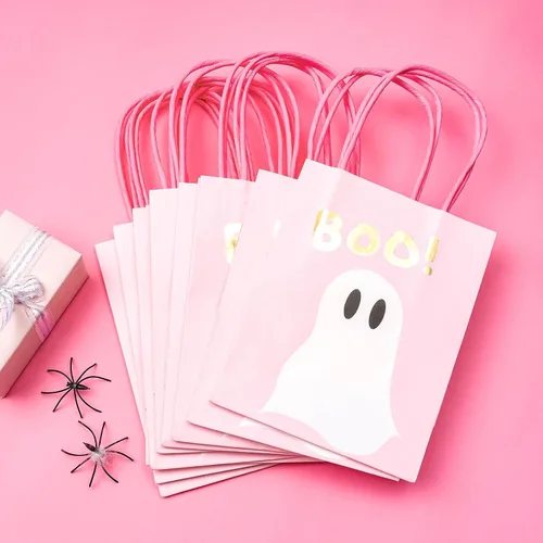 Vista 7 de WRAPAHOLIC Paquete de 12 pequeñas bolsas de regalo de papel kraft de Halloween de 7 pulgadas, bolsa de regalo de papel de aluminio dorado y fantasma