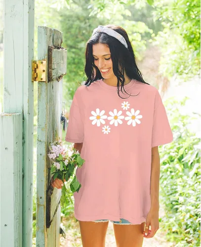 Vista 5 de Faktuzi - Camisas de margaritas para mujer, camisetas de gran tamaño, camisetas gráficas de flores, camisetas vintage con estampado floral y cuello
