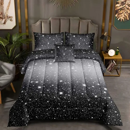 Vista 2 de ROWADALO DJTGB5001Twin - Juego de edredón de 5 piezas con purpurina gris y negro, tamaño individual, juego de ropa de cama de cielo estrellado