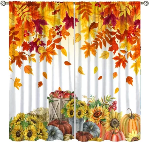 Vista 12 de Cortinas de calabaza enana de otoño, decoración del hogar de Acción de Gracias en otoño, patrón de hojas de arce y girasol, 42 pulgadas de ancho x