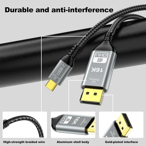 Vista 8 de Cable USB C a DisplayPort 2.1, 16K @30Hz 8K a 120Hz 4K @240Hz, cable Thunderbolt 5 a DP, 40Gbps, tipo C compatible con MacBook Pro M4, M3, iPhone 16