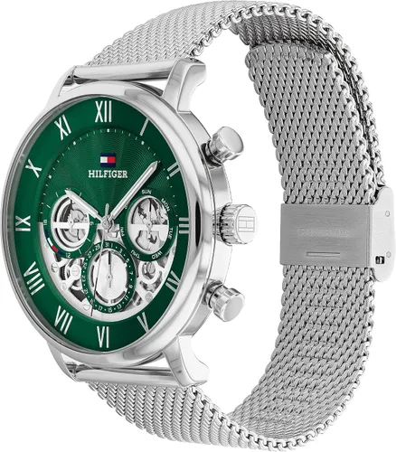 Vista 2 de Tommy Hilfiger Reloj multifunción de cuarzo para hombre con esfera verde (Modelo 1710567), plateado, Classic