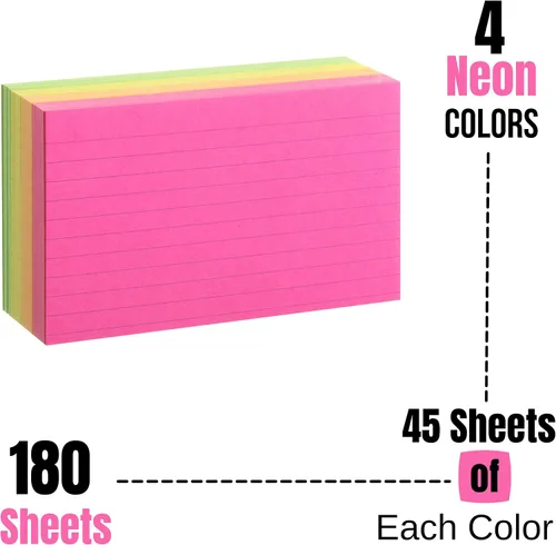 Vista 2 de Mr. Pen Tarjetas de Estudio de Neón Rayadas - 3x5, 180 Tarjetas - Tarjetas Rayadas para Estudiar Notecards for Studying, Ruled Index Cards