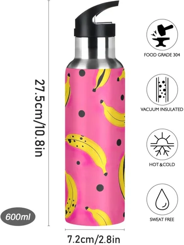 Vista 9 de Stainless Steel Water Bottle 20 Oz, Leakproof Water Bottles for Gym Outdoor Travel School, Yellow Bananas Black Dots
