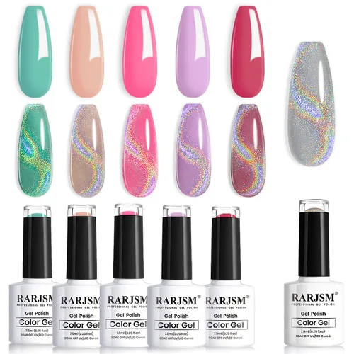 Vista 12 de RARJSM Juego de esmaltes de gel holográfico, color verde turquesa, kit de esmalte de uñas de gel con purpurina, colección de verano, 6