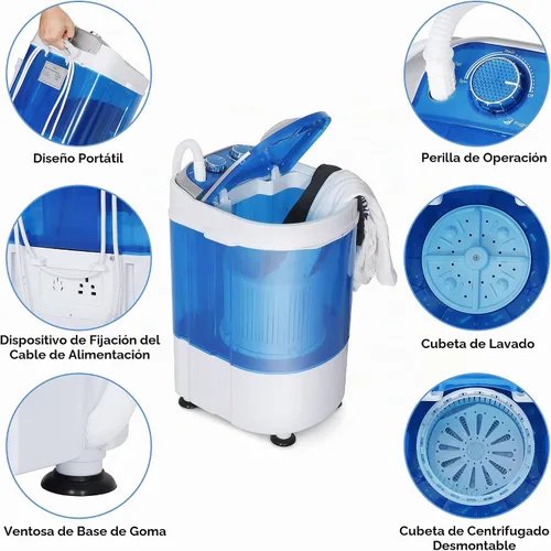 Vista 2 de Mini Lavadora Portátil, Pequeña Lavadora Compacta de 4.4 libras de Capacidad con Cesta de Ciclo de Centrifugado y Manguera de Drenaje Lavadora