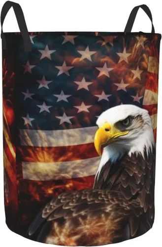 Vista 2 de American Flag Fire Eagle print Circular Hamper Waterproof Storage Bin Organizer Basket Laundry Hamper With Handles For Clothes Toys Small