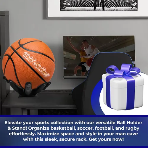 Vista 7 de Soporte y soporte grande para pelotas - Estante de almacenamiento deportivo versátil para baloncesto, fútbol, voleibol - Decoración y organizador
