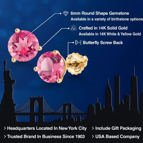 Vista 30 de Gem Stone King Aretes de Martini de oro amarillo de 14 quilates Aretes de tuerca de 3 puntas para mujeres y hombres Redondos de 0.236 pulgadas