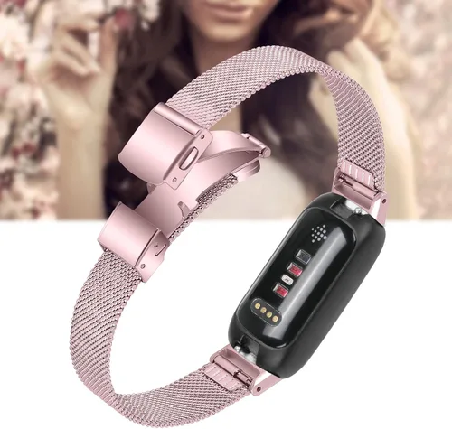 Vista 4 de FitTurn Correa de metal compatible con Fitbit Inspire 3, correa de repuesto de malla de acero inoxidable de liberación rápida para reloj Fitbit rosa