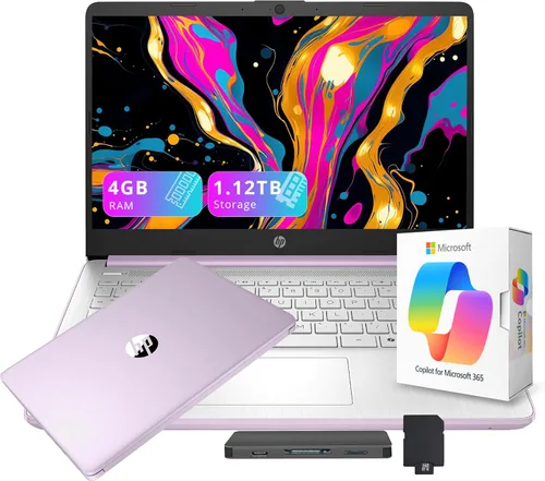 Vista 12 de HP Stream - Laptop HD para estudiantes y negocios de 14 pulgadas con copiloto AI, AMD Athlon 7120, 4 GB de RAM, almacenamiento de 1.12 TB